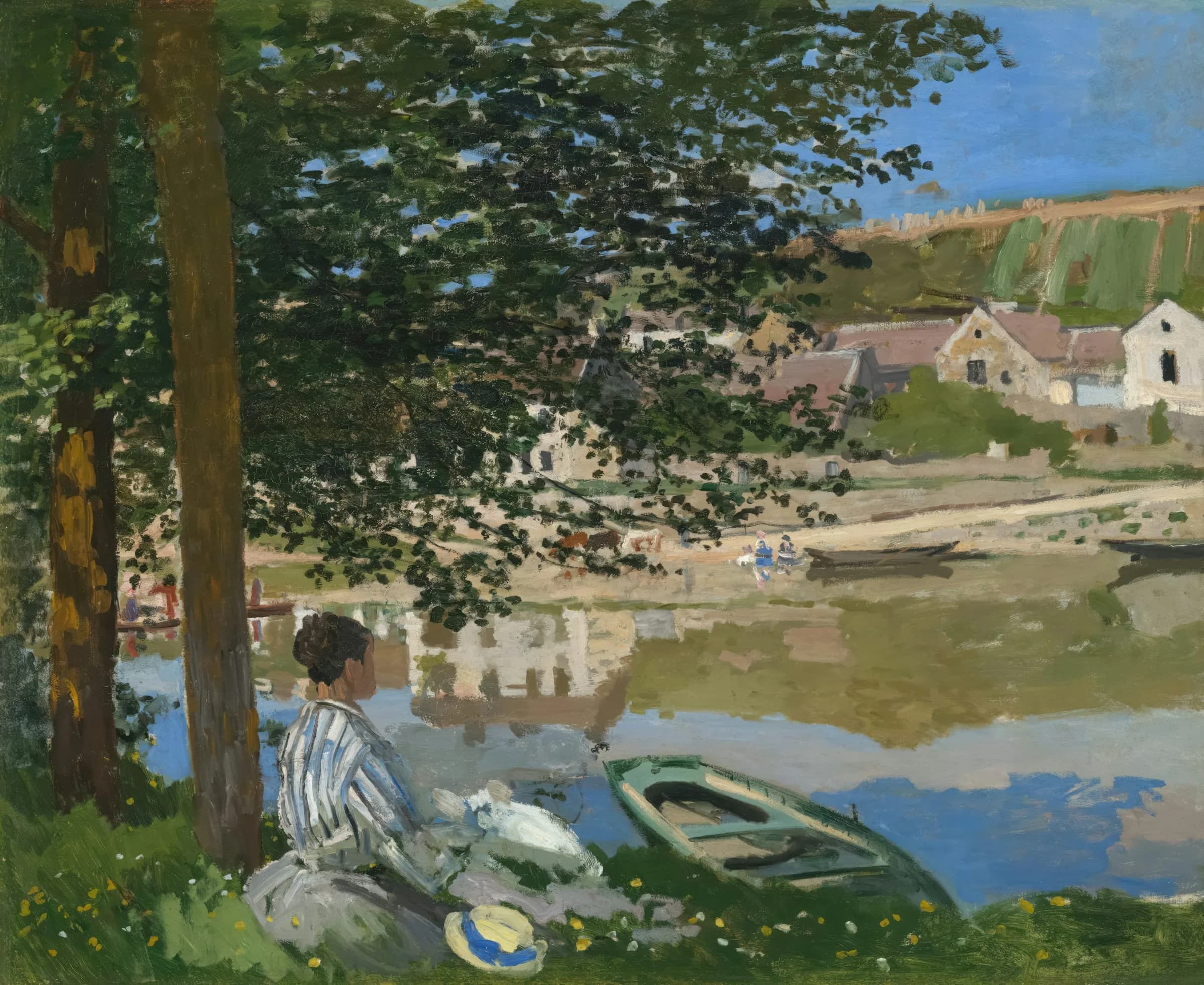Person contemplating by a beautiful lake under a tree