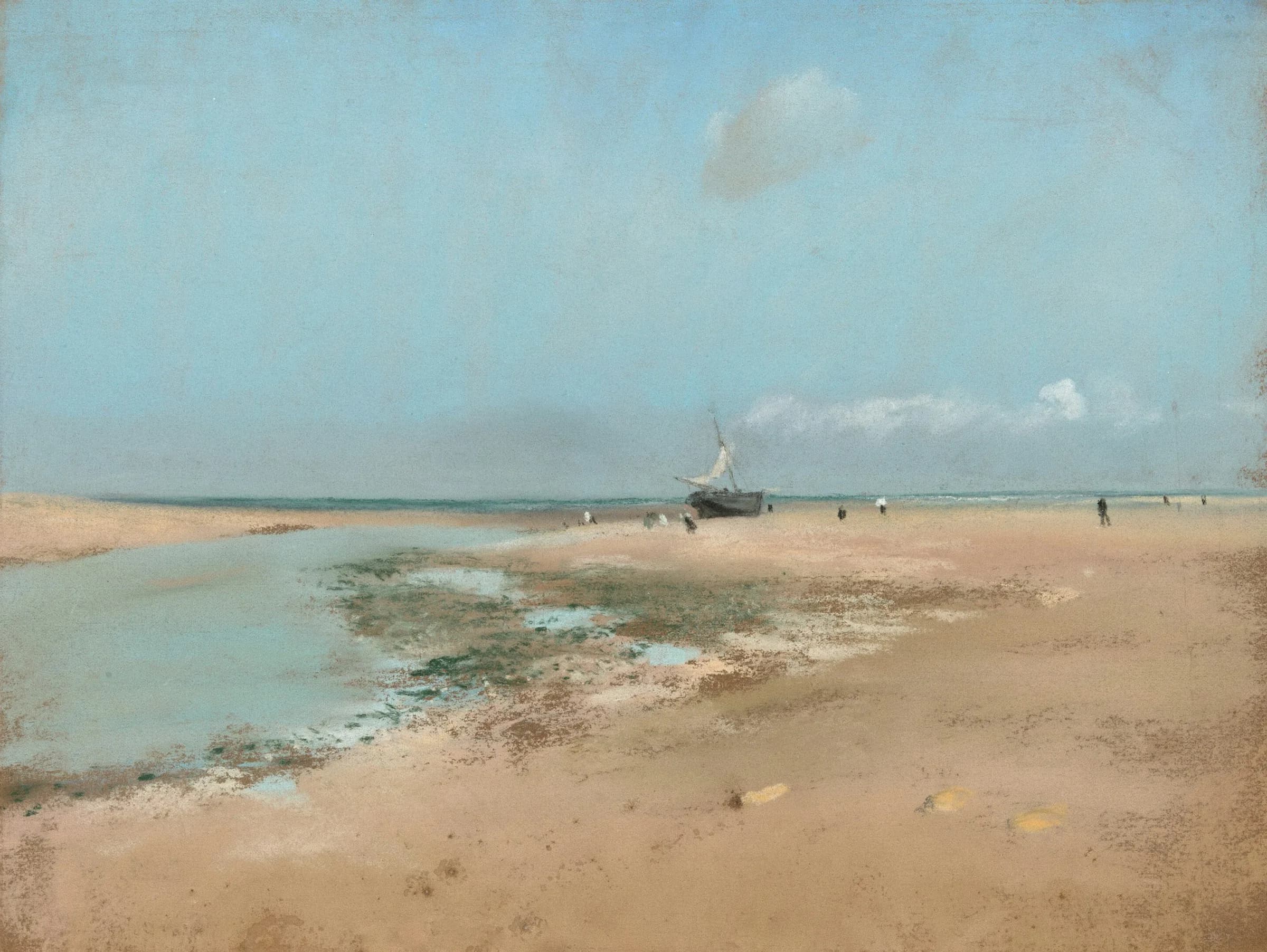 Lonely boat on bare beach in the distance